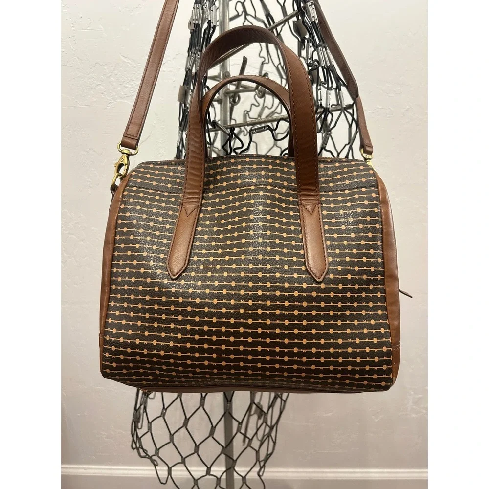 Fossil Sydney Satchel Brown Geometric Dot Pattern Crossbody Bag